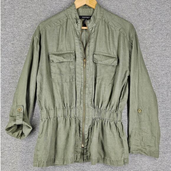 ELLEN TRACY WOMEN'S MILITARY GREEN 100% LINEN UTILITY JACKET SIZE SMALL - Picture 2 of 12